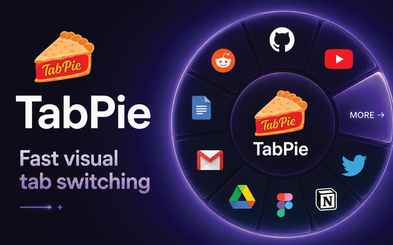 TabPie radial tab switcher showing open browser tabs arranged as visual slices